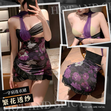 热浪繁花 撩欲连衣裙露胸一字肩睡裙