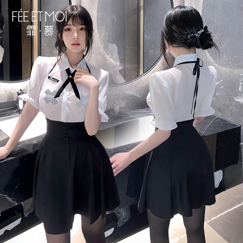 学院女神 前胸抽褶透身性感纯欲学院风套装