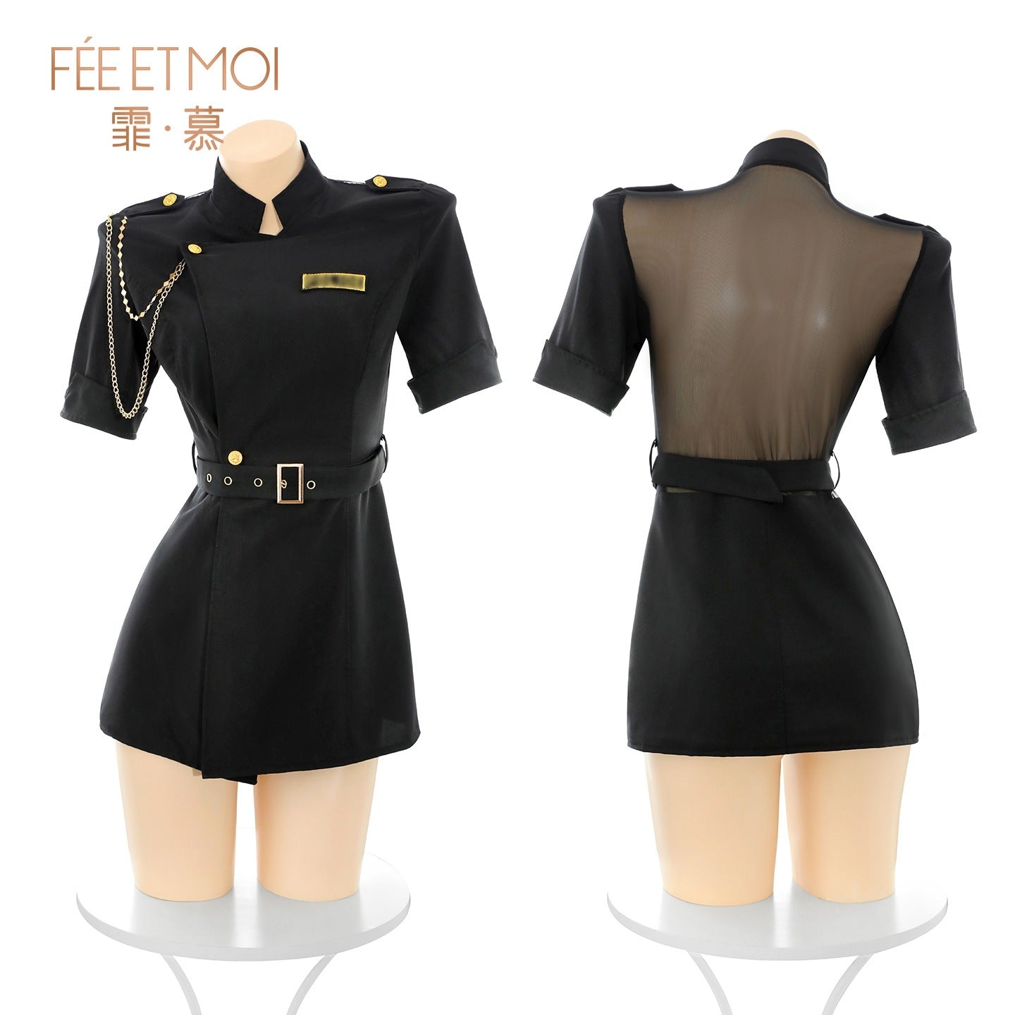 炽热柔情 透肤前开衩透纱露背教官制服.