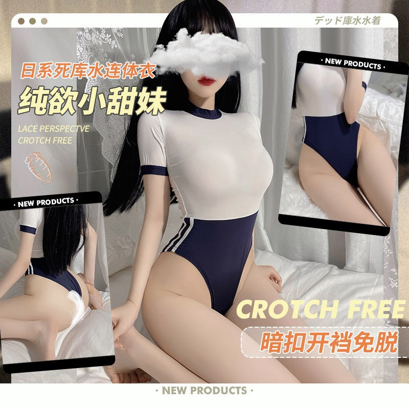 日式清纯少女拼接色性感开档死库水连体衣