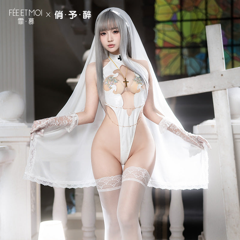 芙丽嘉之夜 纯洁圣洁修女露胸裸臀cos连体衣套装