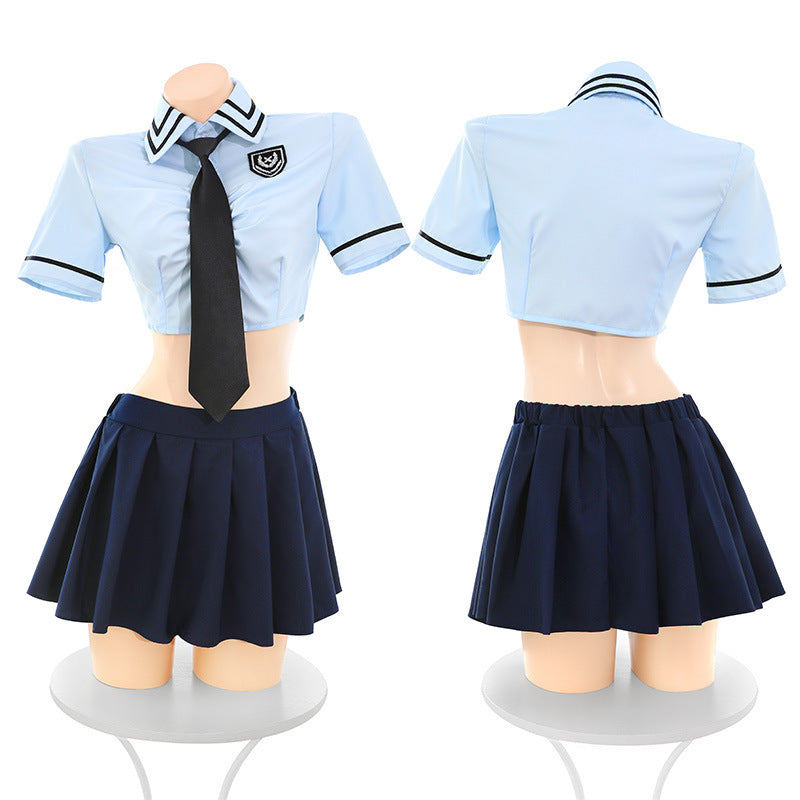元气学姐 元气短衫露腰百褶学院套装性感纯欲制服