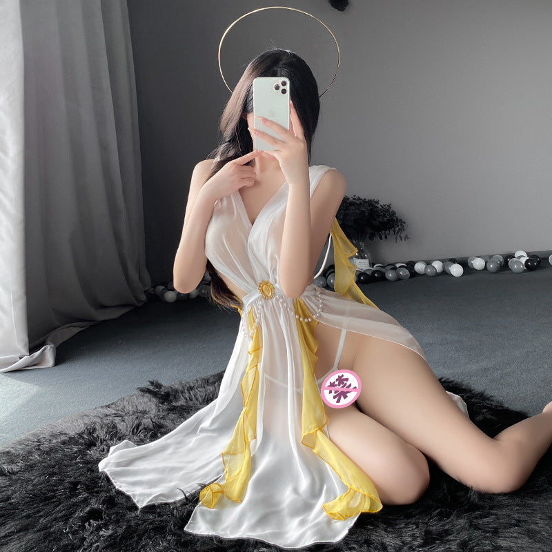 扶柳仙子 性感透视深V串珠分片美背摆飘逸仙子长裙COS制服