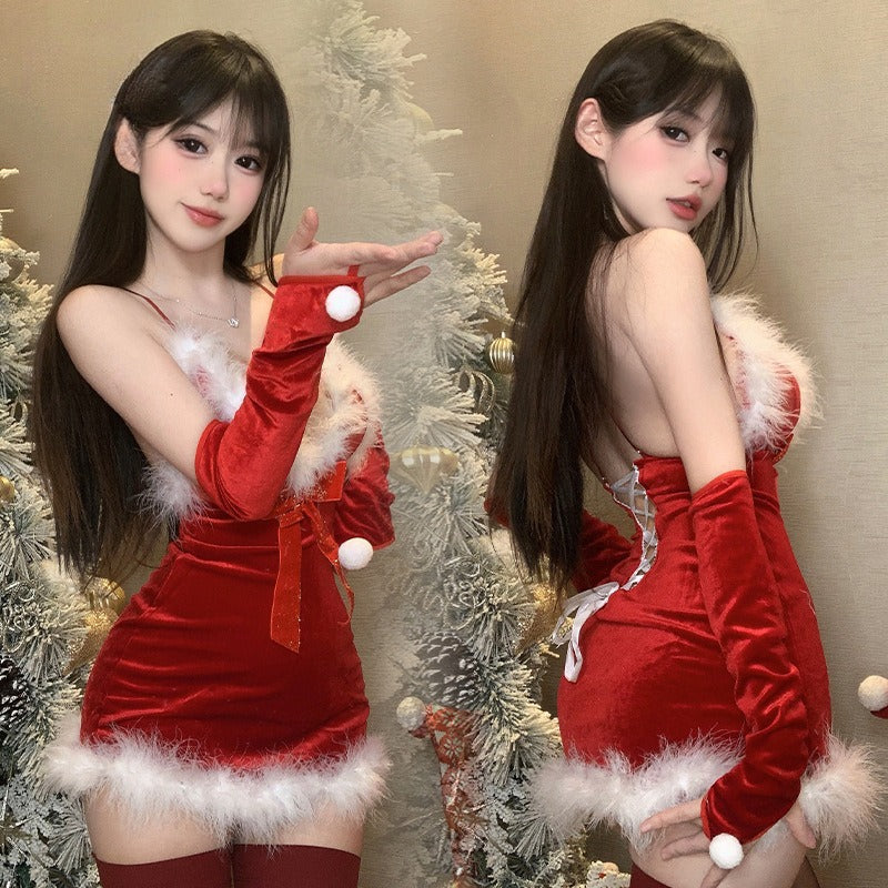 新年礼物 性感毛绒吊带睡裙短裙制服套装
