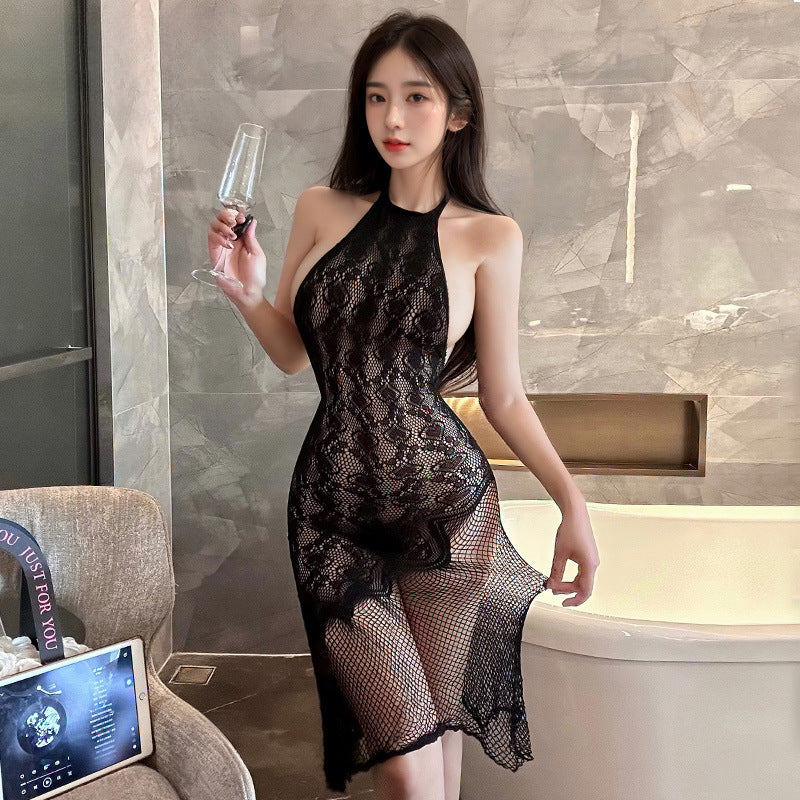 优雅氛围 爱心提花纯欲露背透视网衣裙