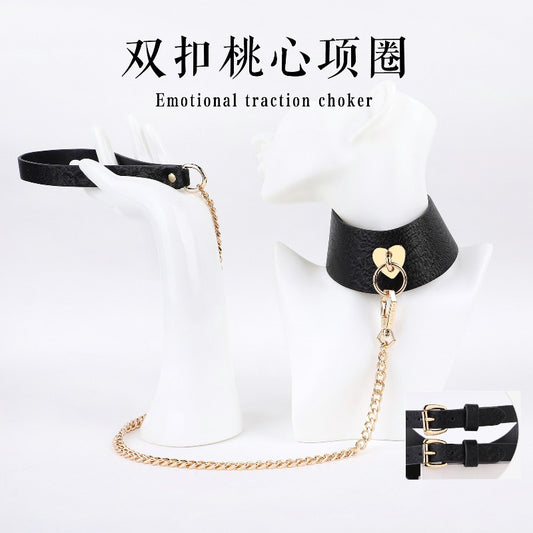 SM黑色爱心双扣项圈牵引.