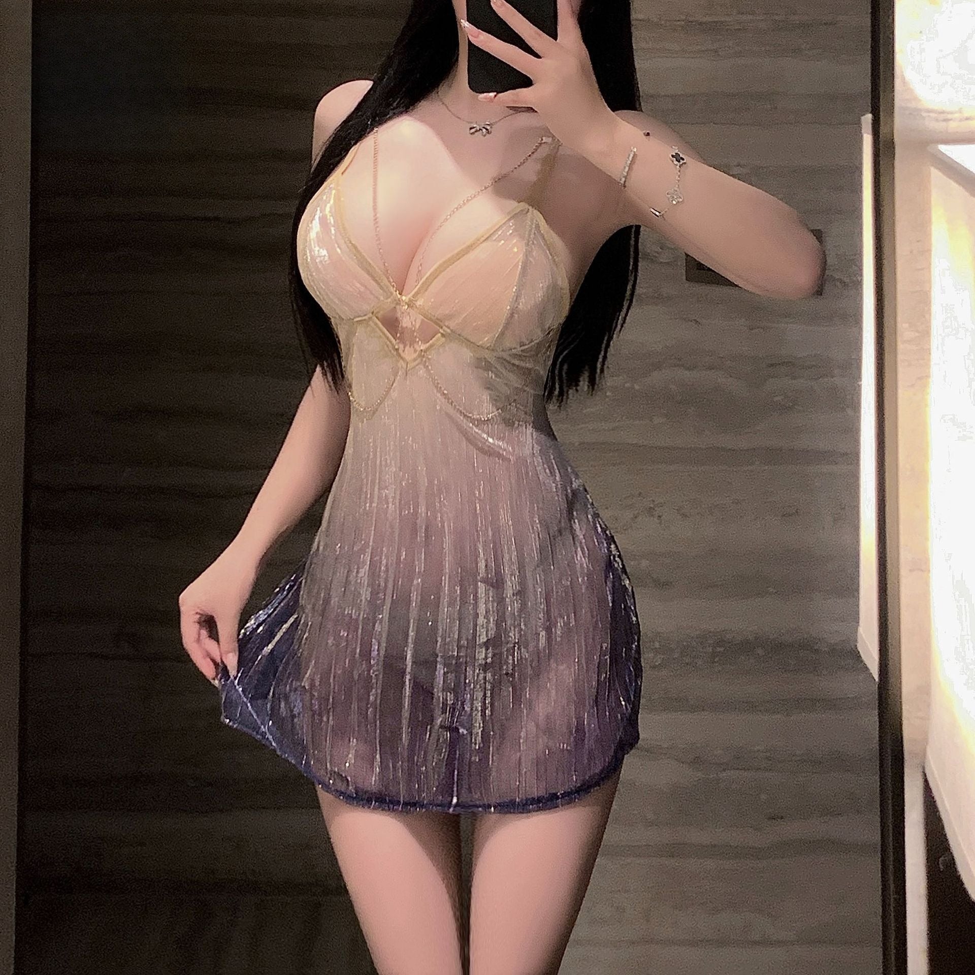璀璨银河 流萤扇纹细闪渐变网纱夜店包臀睡裙.