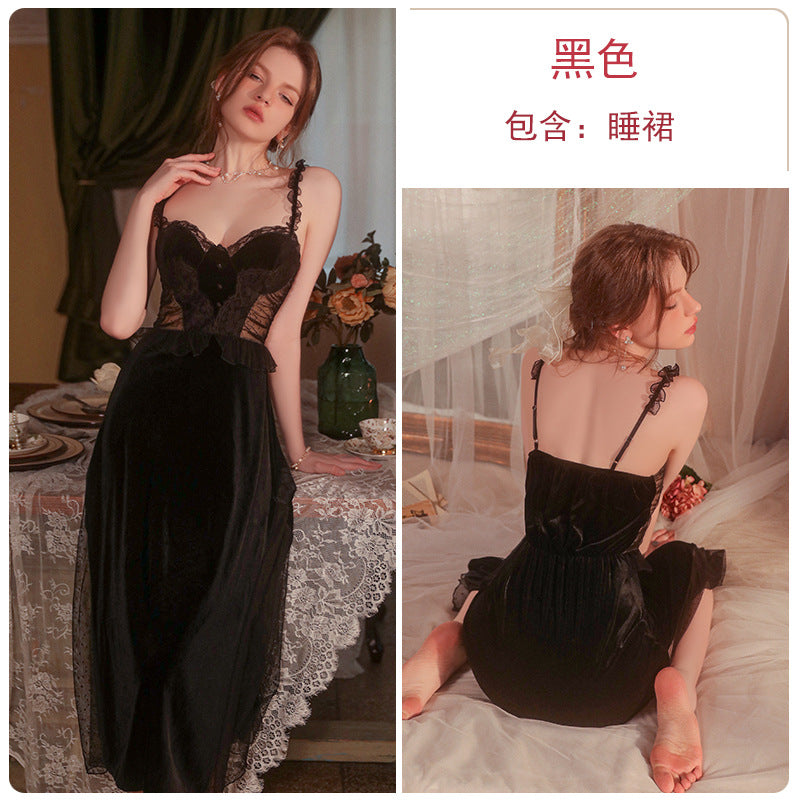 丝绒蕾丝透视胸垫开衩露背吊带睡裙.