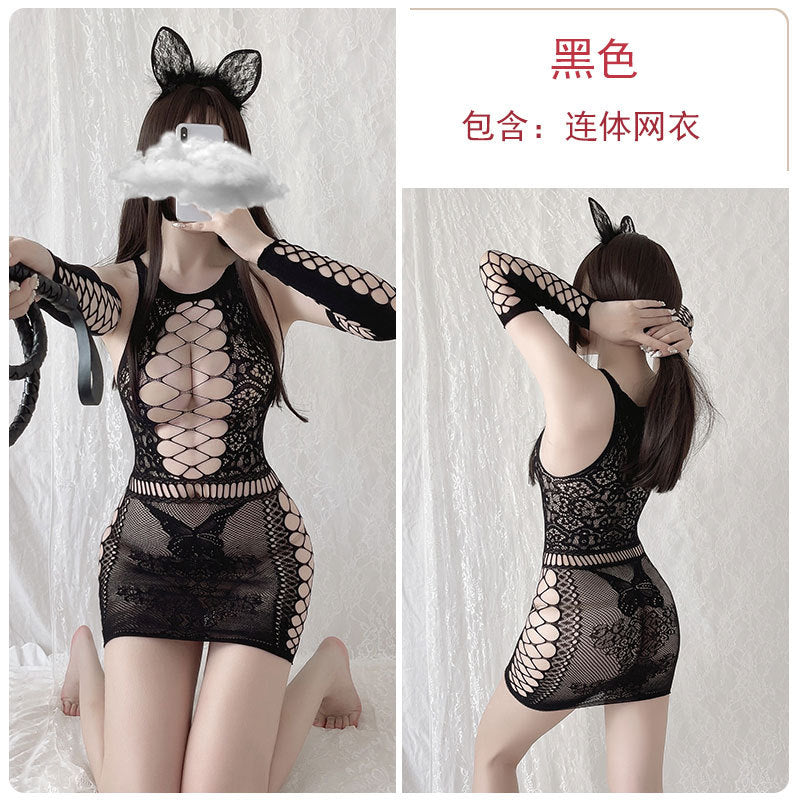 连体网衣紧身镂空包臀短裙.